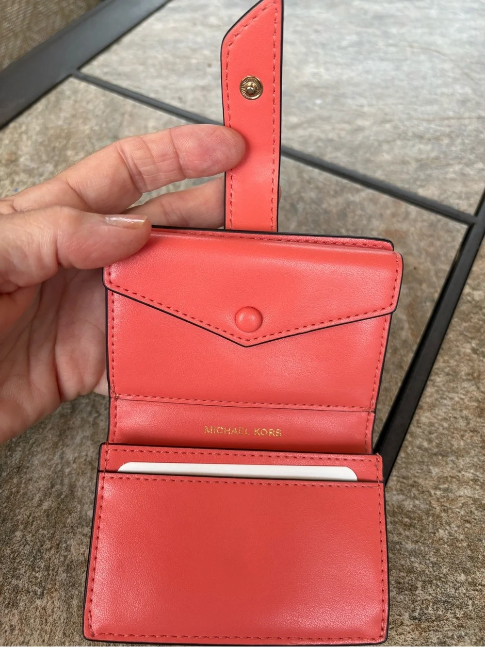 Michael Kors Coral Pebbled Leather Snap Wallet with Gold MK Accent